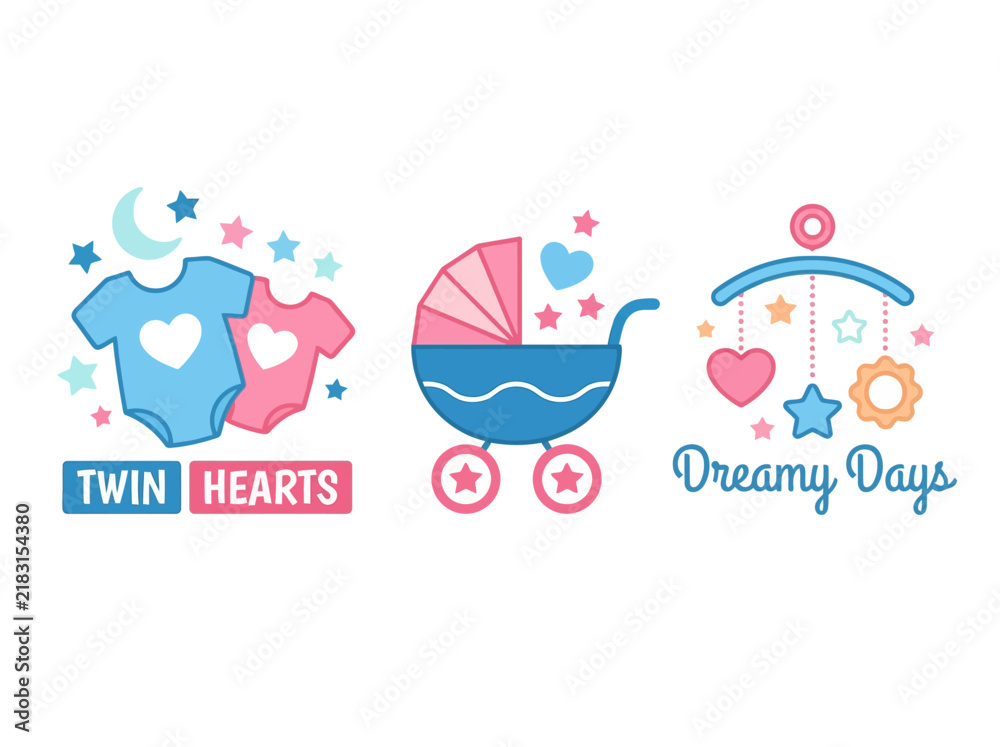 Fototapeta premium Cute Baby Shower Illustration Set for Twins with Bodysuits, Pram, and Mobile Icons