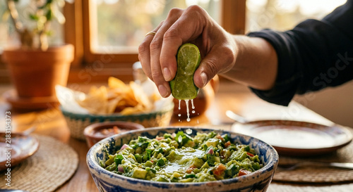 A person squeezing fresh lime juice over a bowl of homemade guacamole with tortilla chips.