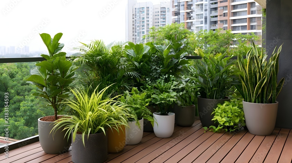 Obraz premium A modern balcony filled with lush potted plants arranged neatly on wooden decking overlooking a cityscape with greenery in the background