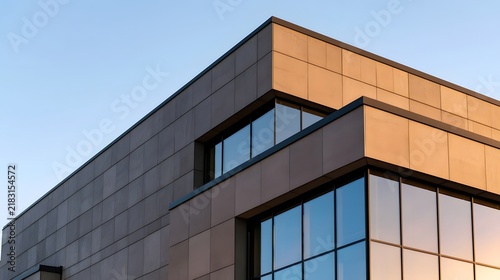 Modern building corner with glass and textured panels under clear sky at golden hour