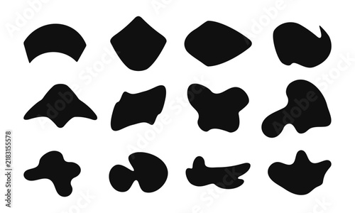 Y2K abstract fluid organic shapes vector set. Modern black minimalist blob elements and liquid silhouettes for trendy graphic design