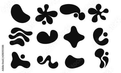 Y2K futuristic organic fluid shapes vector set. Modern black abstract blob elements and liquid silhouettes for trendy graphic design