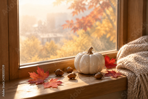 Window ledge still life with ceramic pumpkin, leaves, acorns, and knit throw