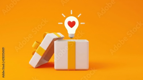 Creative concept with glowing heart light bulb rising from open white gift box on vibrant orange background.
