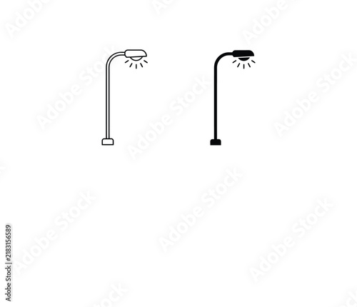 Street lamp icons with radiating light black and white outline style