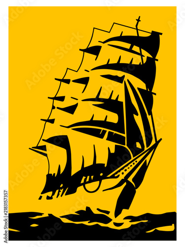 Canvas Print A graphic illustration in black and yellow of a large, old-fashioned sailing ship on the open sea