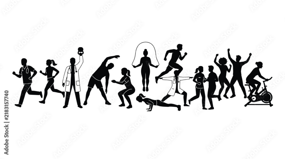 Fototapeta premium Fitness enthusiasts and athletes engage in various workout routines alongside healthcare professionals in this black silhouette set.