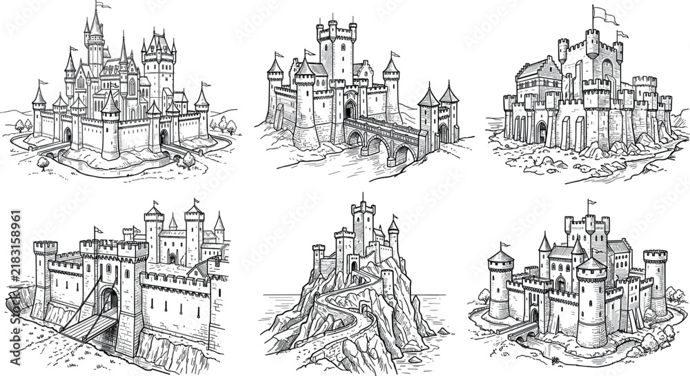Obraz premium Medieval Castle and Fortress Illustration Set with Historic Towers, Stone Walls, Battlements and Drawbridges in Detailed Vintage Engraving Style
