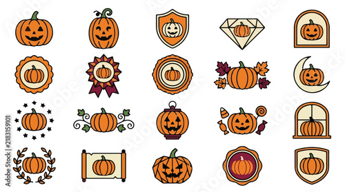 Fotografie Halloween Pumpkin Icon Set, Vintage Jack Skellington Badges, Retro Emblem Collec