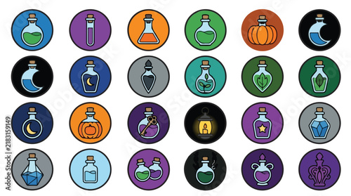 Принти на полотні Colorful magic potion icons set, fantasy elixir collection, fairy tale flask sym