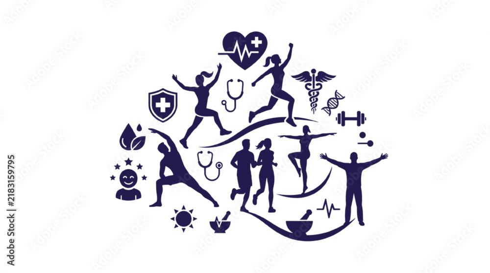Fototapeta premium Healthy lifestyle icons arranged in a circular composition feature silhouettes of people running, practicing yoga, and exercising alongside medical and holistic wellness symbols.