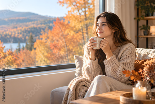 Young Woman Drinking Hot Coffee by Window at Home While Enjoying Colorful Autumn Landscape.