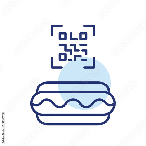 Hot dog in a bun and qr code. Scan to access digital menu and online order. Pixel perfect, editable stroke vector icon