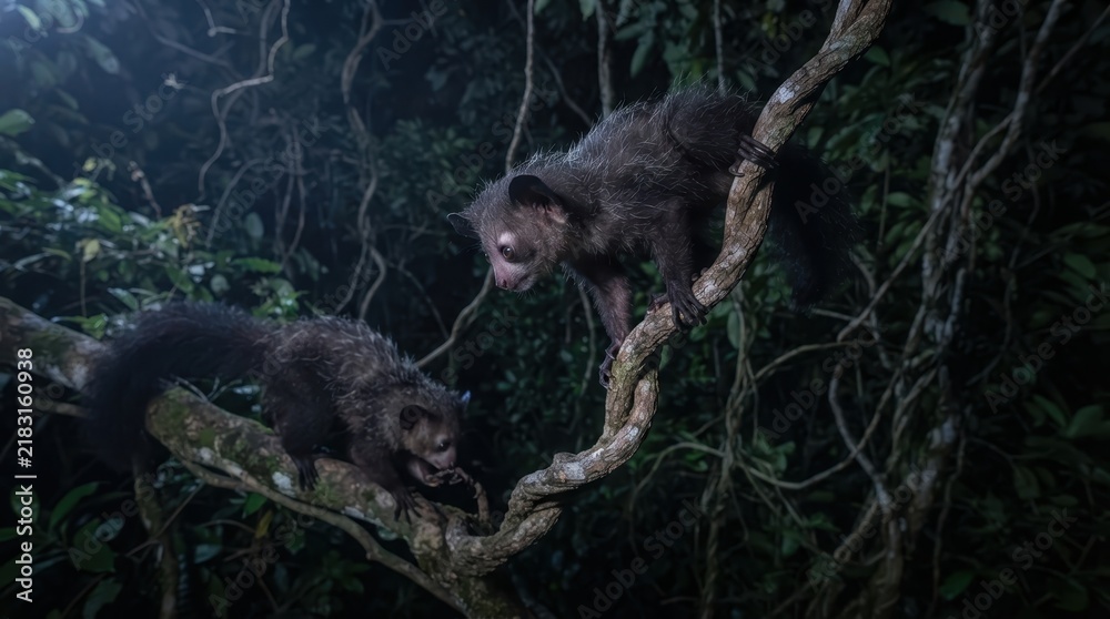 Obraz premium Two aye-ayes forage for food at night in a lush, dark jungle environment