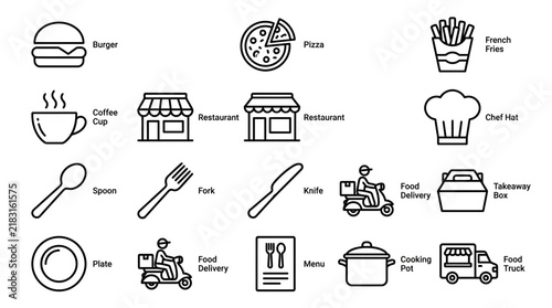 Minimalist food and restaurant line icons set for culinary design and delivery services