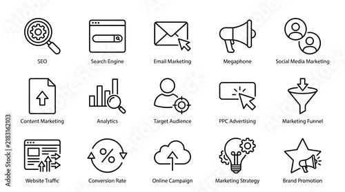 Digital Marketing and SEO Line Icon Set for Business Strategy and Web Analytics