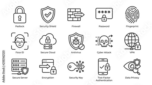 Cybersecurity and Data Protection Vector Icon Set for Network Security and IT Infrastructure