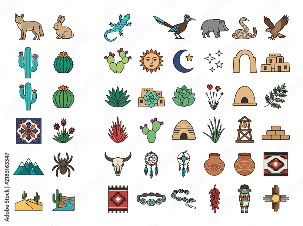 Obraz premium Southwest Desert Icon Set Featuring Animals, Plants, and Cultural Symbols