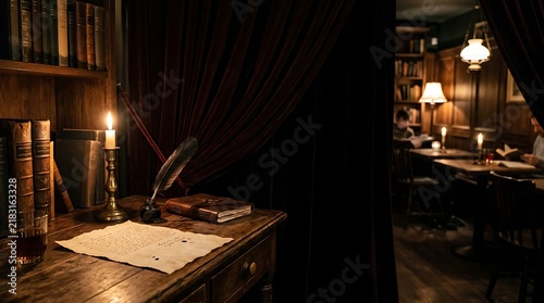 Vintage quill and inkwell on a wooden desk in a cozy dark library