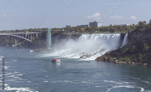 Photography Scenic View of Niagara Falls with Tour Boat and Rainbow Bridge in Autumn