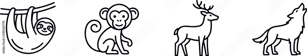 Fototapeta premium Vector line art icon set of wild animals forest fauna safari mammals and wilderness nature characters