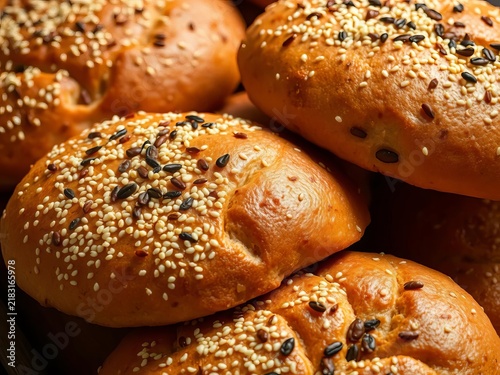 Golden brown aish baladi bread with sesame seeds and sumac, flavorful, Middle Eastern cuisine
