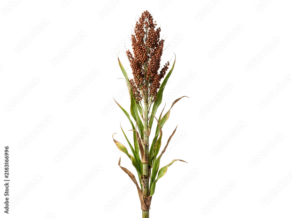 Obraz premium Single stalk of ripe sorghum grain isolated on a clean white background