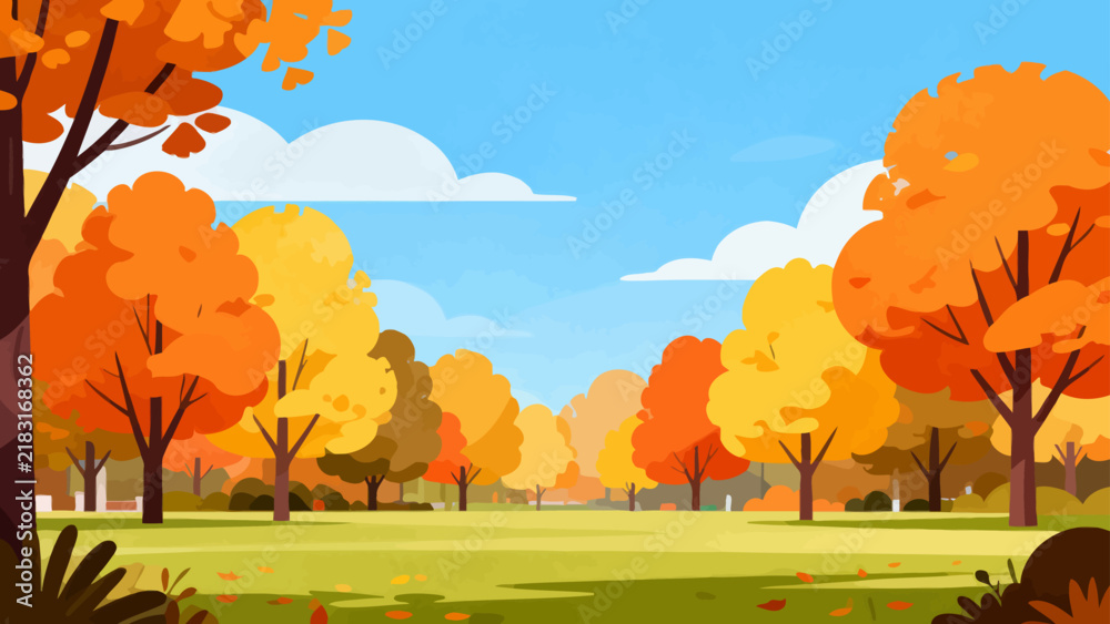 Obraz premium Vibrant autumn trees glow in warm hues. Clear sky with soft clouds floats above. Green grass stretches under golden light. Fall leaves drift gently to the ground. Ideal for seasonal, nature