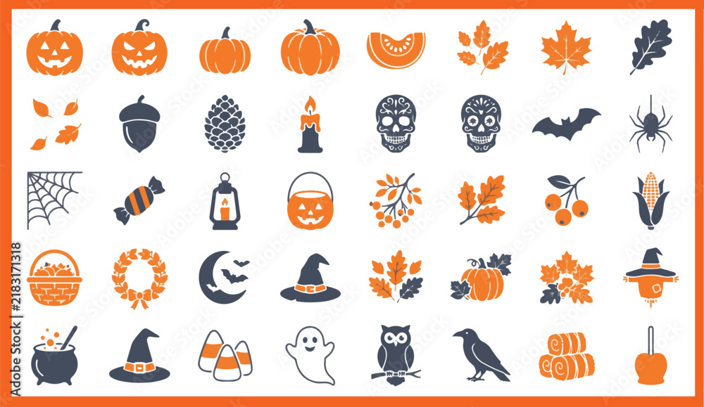 Obraz premium Halloween Icon Collection with Pumpkin, Ghost, Witch, Spider and Spooky Symbols