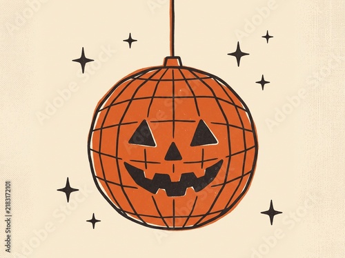 Retro Halloween Disco Ball Pumpkin Illustration with Stars
