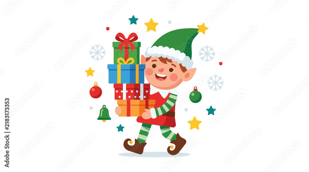 Fototapeta premium Cute cartoon elf character carrying colorful holiday gift boxes