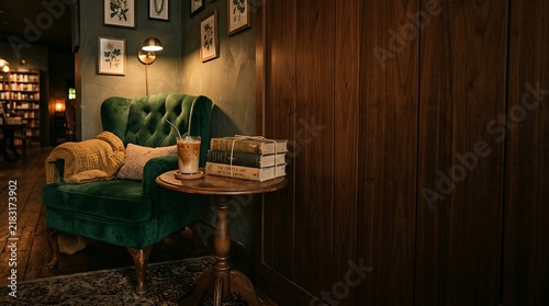 Cozy reading nook with green velvet armchair and iced coffee