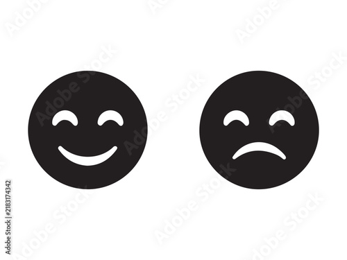 Two black emoji icons displaying happy and sad expressions simple silhouette