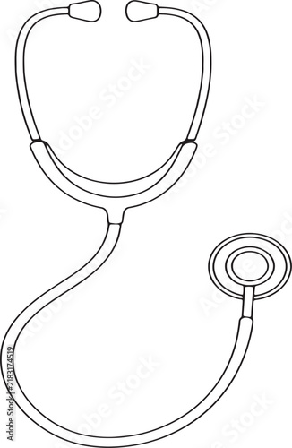 Minimalist stethoscope line art vector, medical diagnostic tool icon, black and white healthcare equipment illustration for clinical design