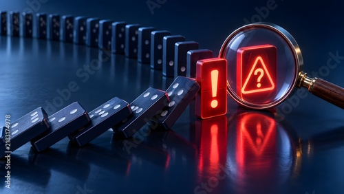 Magnifying glass examining red warning domino among falling blocks, risk detection, problem identification, business disruption, crisis prevention, failure analysis and risk management concept