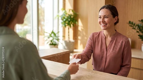 A smiling woman at a reception desk hands a card to another person, suggesting a business or hospitality interaction.