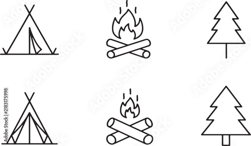 Minimalist camping icon set, thin line outdoor adventure symbols, black and white forest hiking vector elements for travel branding