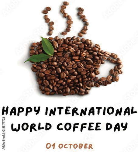 Happy International Coffee Day Poster with Coffee Cup and Roasted Beans