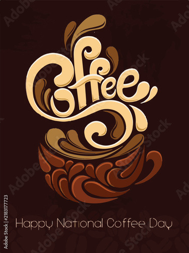 Happy International Coffee Day Poster with Coffee Cup and Roasted Beans