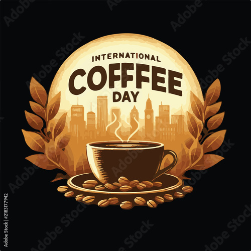 Happy International Coffee Day Poster with Coffee Cup and Roasted Beans