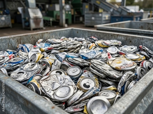 Bin full of crushed aluminum cans at a recycling facility