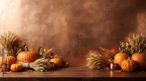 Autumnal harvest arrangement of pumpkins and dried wheat stalks on a rustic wooden table against a textured