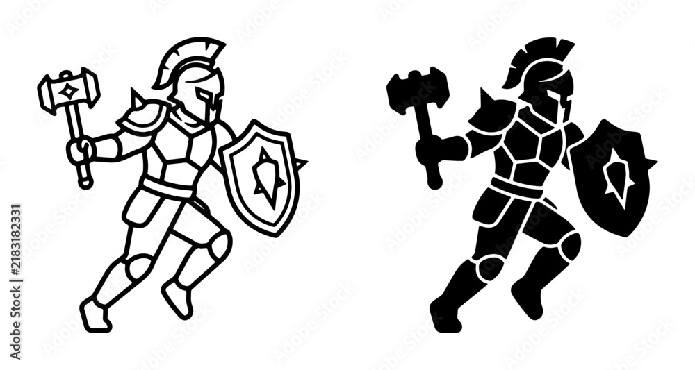 Fototapeta premium Warrior Icon Set, Ancient Roman Soldier Vector Art, Gladiator Silhouette, Medieval Knight Graphic, Historical Warrior Emblem, Battle Ready Character