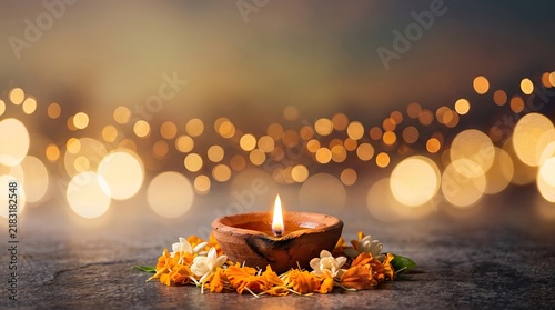 Lit diya lamp with marigold flowers and fairy lights in the background
