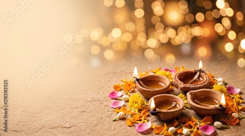 Diwali festival celebration with diya lamps, flower petals and bokeh background on stone background