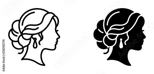 Elegant Woman Profile Icons, Classic Updo Hairstyle Silhouette, Minimalist Line Art and Solid Fill for Beauty and Fashion Concepts