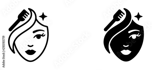 Hair Care Icons, Woman Face with Comb and Sparkle, Beauty Salon Graphics, Healthy Hair Symbols, Two Styles