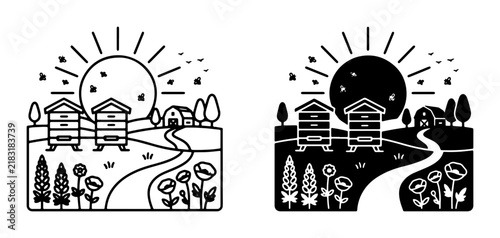 Apiary Landscape Icons, Rural Farm Scene with Beehives, Sun, and Flowers, Day and Night Vector Graphics