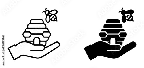 Beehive and Bee Icons, Hand Holding Honeycomb Structure, Symbolizing Beekeeping, Sweetness, and Nature's Bounty. Vector Graphics.