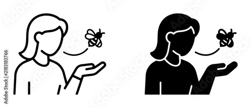 Bee Interaction Icon Set, Human Hand and Insect Symbol, Nature Connection, Minimalist Outline and Solid Fill Vectors